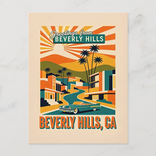 Beverly Hills, CA Retro Whimsisk Färgrik Vykort (Framsida)