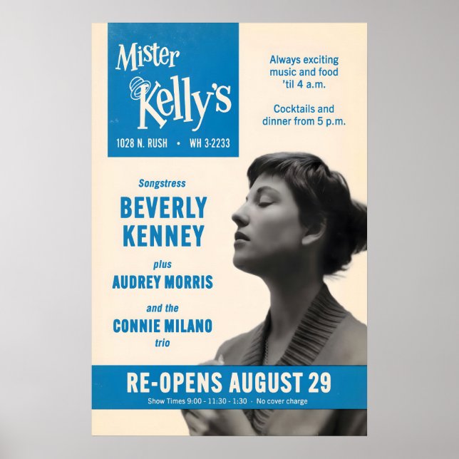 Beverly Kenney jazz-affisch - Mister Kelly's Poster (Framsidan)
