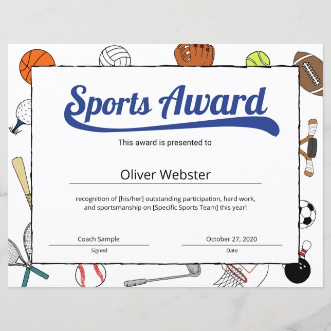 Beviljande av Blue Sports Certificate Templates (Framsida)