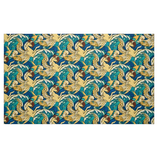 Bevingad Hippocampus Sjöhästar I Havsmönster Tyg (Fat Quarter)
