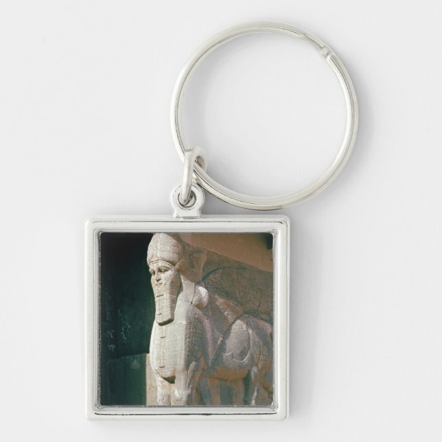 Bevingad människa-hövdad tjur, Neo-Assyrier period Fyrkantig Silverfärgad Nyckelring (Framsidan)