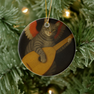 Bevingad musiker katt spelar luta konst julgransprydnad keramik