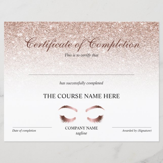 Bevis på avslutad utbildning Brows Lash Course (Framsida)