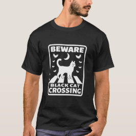 Beware Black Cat Crossing Funny Halloween T Shirt