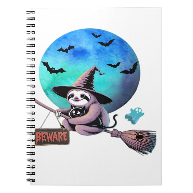 Beware Cute Witch Sloth Flying on Broom Halloween  Anteckningsbok (Framsidan)