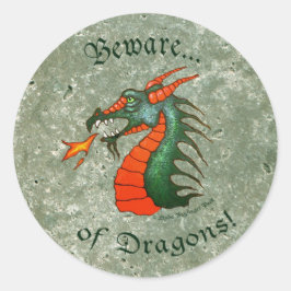 Beware Dragons Stone Grönt Faux Marble Runt Klistermärke