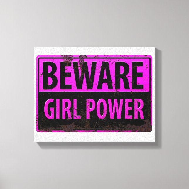 BEWARE Girl Power - Rosa Black Metall Danger Sign Canvastryck (Framsida)