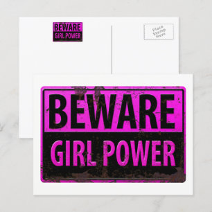 BEWARE Girl Power - Rosa Black Metall Danger Sign Vykort