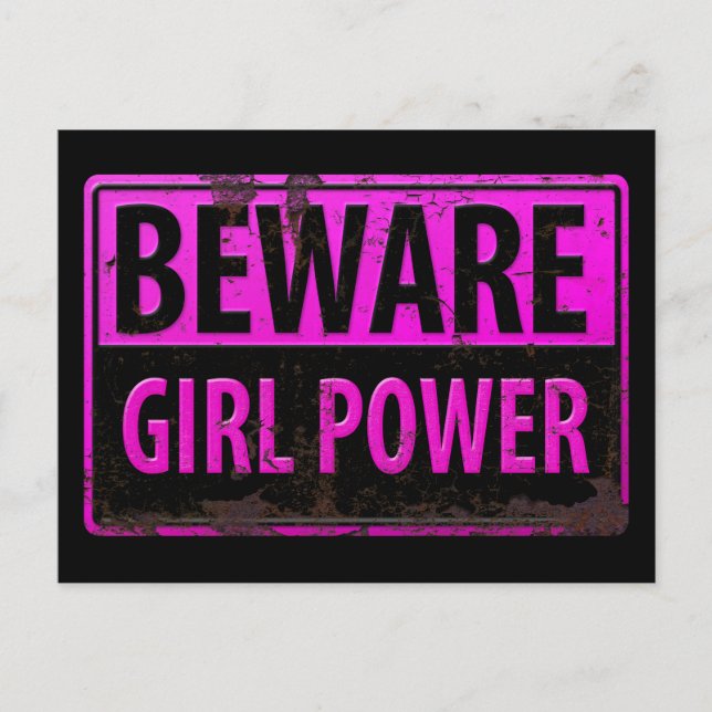 BEWARE Girl Power - Rosa Black Metall Danger Sign Vykort (Framsida)
