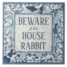 Beware House Rabbit Delft Blue White Sign Dedham Kakelplatta