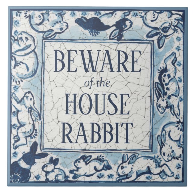 Beware House Rabbit Delft Blue White Sign Dedham Kakelplatta (Framsidan)