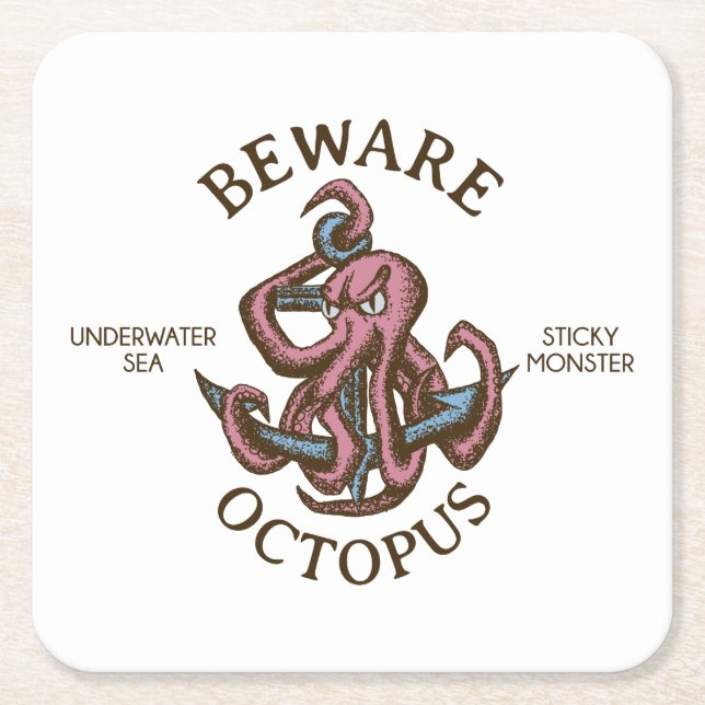 Beware Octopus Nautical Creatacle Tentacle Monster Underlägg Papper Kvadrat (Framsidan)