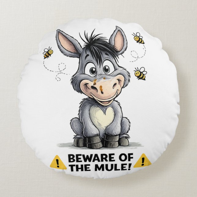 Beware Of The Mule Funny Donkey Warning Design Rund Kudde (Framsidan)