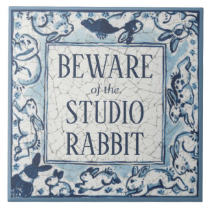 Beware Studio Rabbit Delft Blue White Sign Dedham Kakelplatta