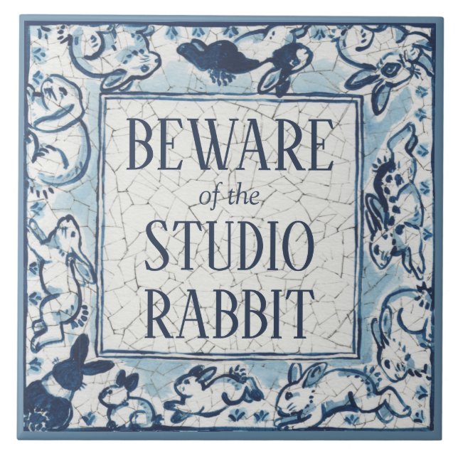 Beware Studio Rabbit Delft Blue White Sign Dedham Kakelplatta (Framsidan)