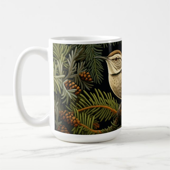 Bewicks gärdsmyg på granens grenar kaffemugg (Vänster)