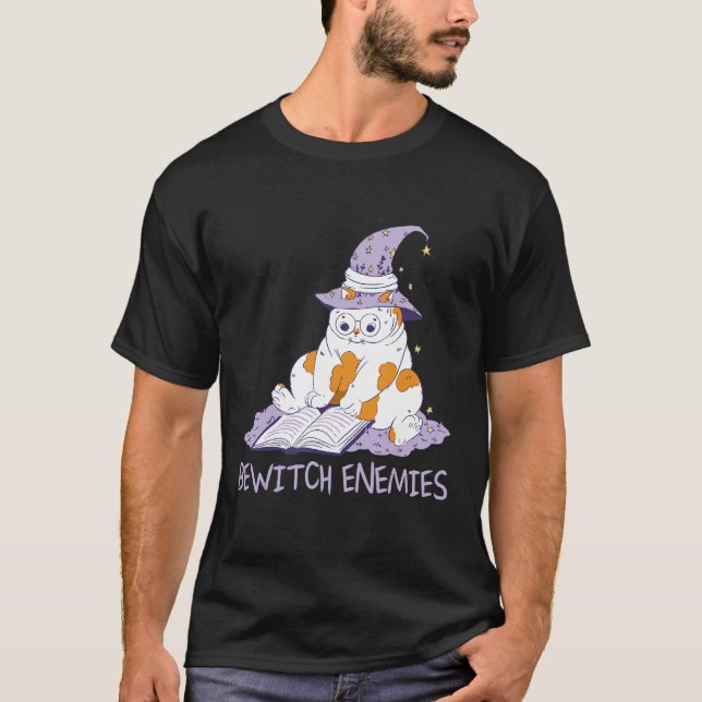 Bewitch Enemies  Magic Cat Witch Saying Witchcraft T Shirt (Framsida)