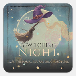 Bewitting Night Witch Hat & Broom Halloween Fyrkantigt Klistermärke