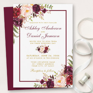 BF-inbjudan till Watercolor Burgundy Blommigt Guld Inbjudningar