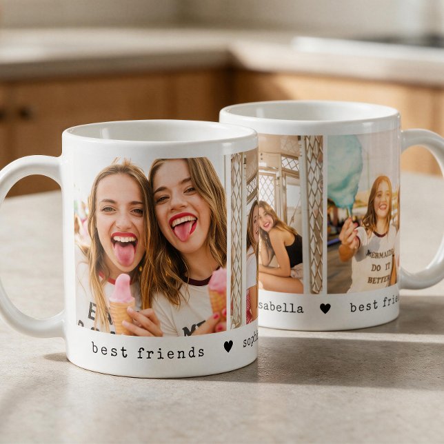 BFF 3 Foto Collage Vänskap Bästa Vänner Kaffemugg (Personalize mug with 3 of your friends favorite photos and names. Choose size and mug style.)