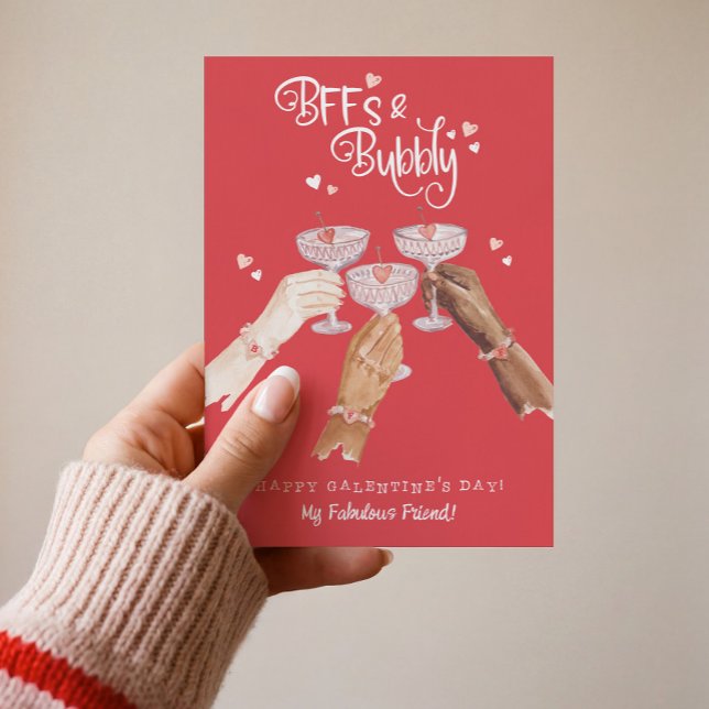 BFF:er & Bubbly Glad Galentine's Day Cocktail Fira Julkort (BFFs & Bubbly Happy Galentine's Day Cocktail Cheer Holiday Card)