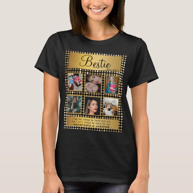 BFF Photo Collage Best Friend Quote Golden Glitter T Shirt (Framsida)