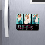 BFFs Best Friends Photo Personlig Namn Girly Magnet<br><div class="desc">Den här designen innehåller en modern BFF-text som är gjord av gigantiska hjärtan och tre fotopussel med din personlig namn. Fira din vänskap med dina bästa vänner med denna fantastiska gåva. Lägg till dina egna foton och redigera namn i textrutorna #puzzle #jigszons #jigsawpuzzles #play #roligt #presenter #presenter</div>