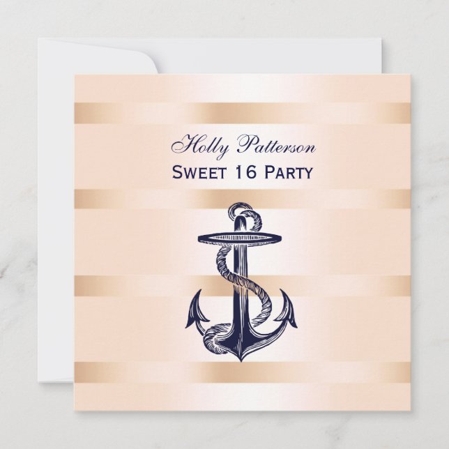 BG SQ Sweet 16, Nautical Navy Blue Anchor Baby Ros Inbjudningar (Framsida)