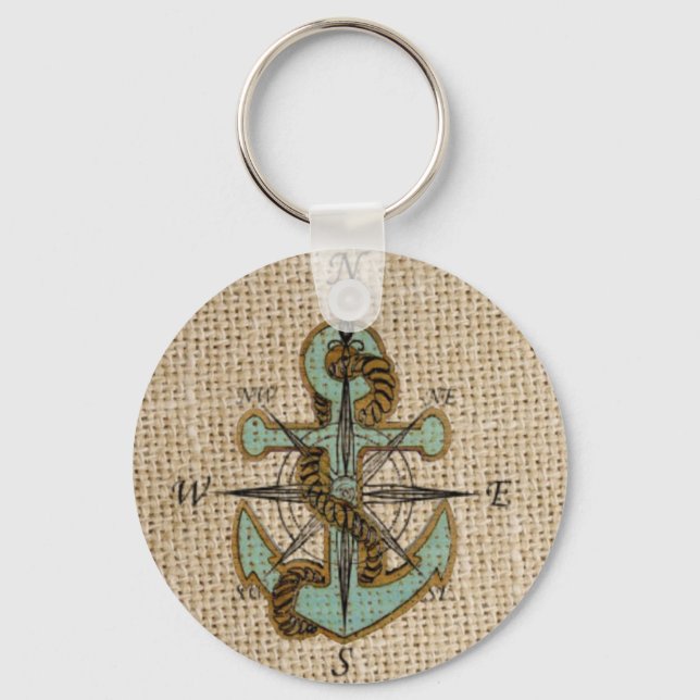 Bho chic burlap nautisk kompass Blue anchor Nyckelring (Framsida)