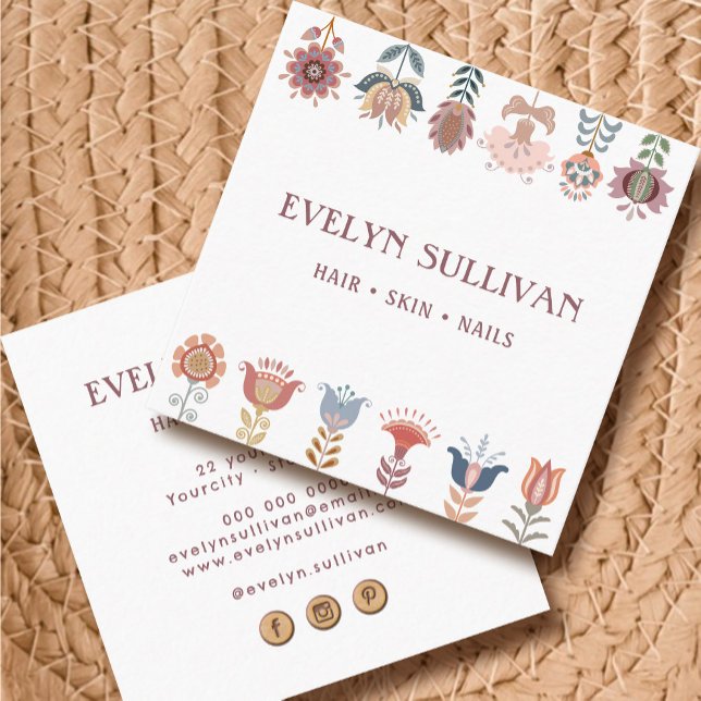 Bho folk art blommor Square affärskort Fyrkantigt Visitkort (Skapare uppladdad)