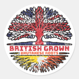 Bhutan Bhutanese British UK Träd Roots Flagga Runt Klistermärke