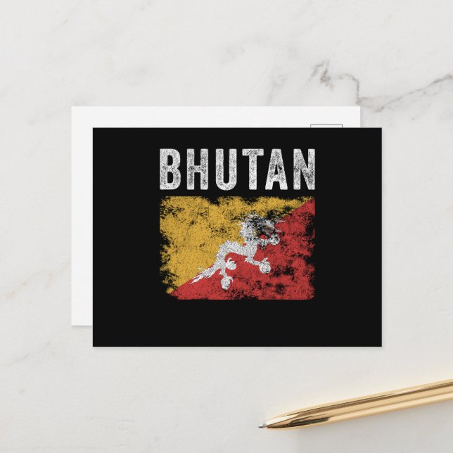 Bhutan Flagga Distress - Bhutanese Flagga Vykort (Fram/Back In Situ)