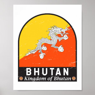 Bhutan Flagga Emblem Distress Vintage Poster
