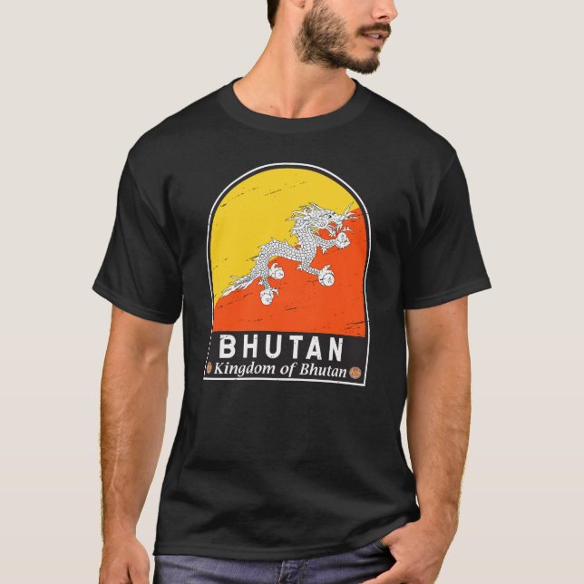 Bhutan Flagga Emblem Distress Vintage T Shirt (Framsida)
