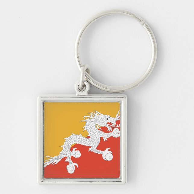 Bhutan Flagga Fyrkantig Silverfärgad Nyckelring (Framsidan)