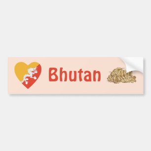 Bhutan Flagga Hjärta + Karta Bildstämpel Bildekal