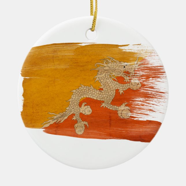 Bhutan flagga julgransprydnad keramik (Framsidan)