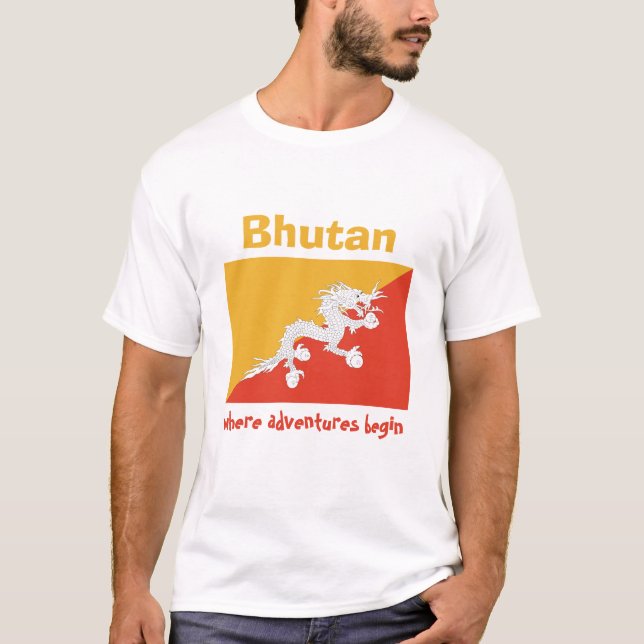 Bhutan flagga + Karta + TextT-tröja T Shirt (Framsida)