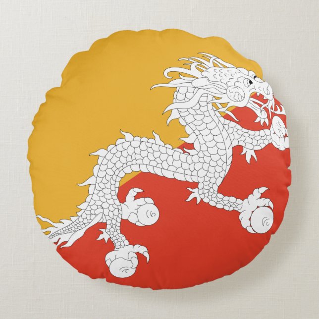 Bhutan Flagga Rund Kudde (Framsidan)