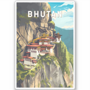 Bhutan Illustration Travel Art Vintage Klistermärken