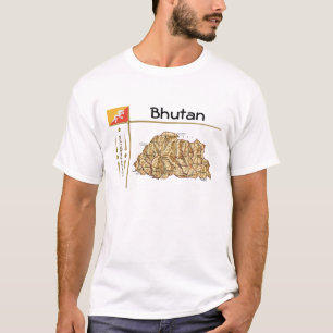 Bhutan Kart + Flagga + Titel T-Shirt