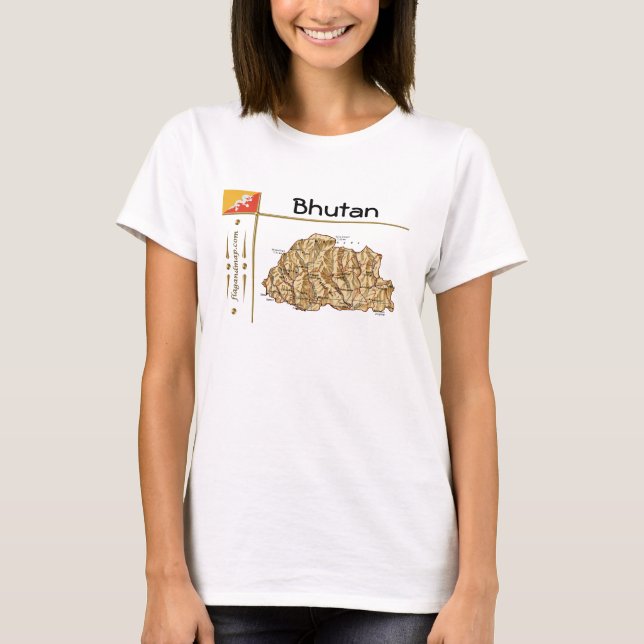 Bhutan Karta + Flagga + Rubrik T-Shirt (Framsida)