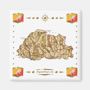 Bhutan Karta + Flaggor Magnet