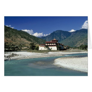 Bhutan, Punaka. Mo Chhu-floden flyter förbi Hälsningskort