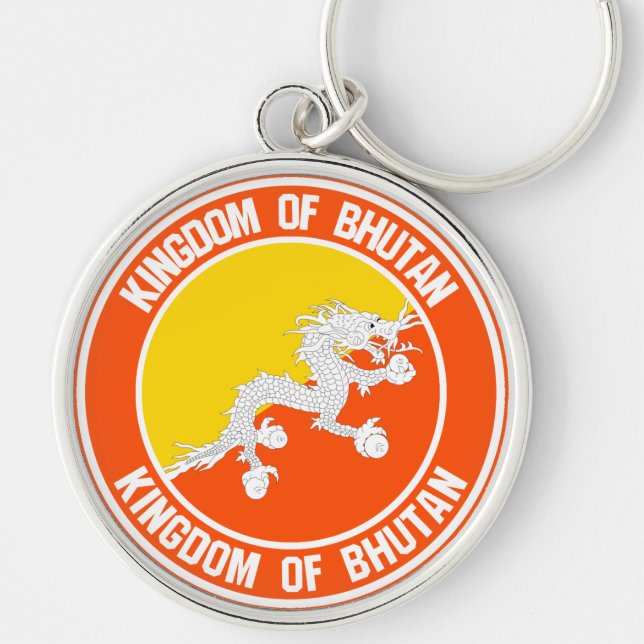 Bhutan Round Emblem Rund Silverfärgad Nyckelring (Framsidan)