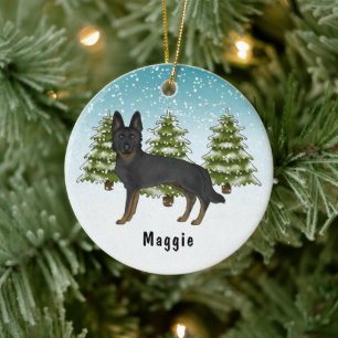 Bi-Black German Shepherd Hund Blå Vinter Skog Julgransprydnad Keramik