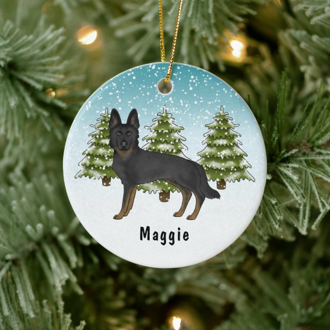 Bi-Black German Shepherd Hund Blå Vinter Skog Julgransprydnad Keramik (Träd)