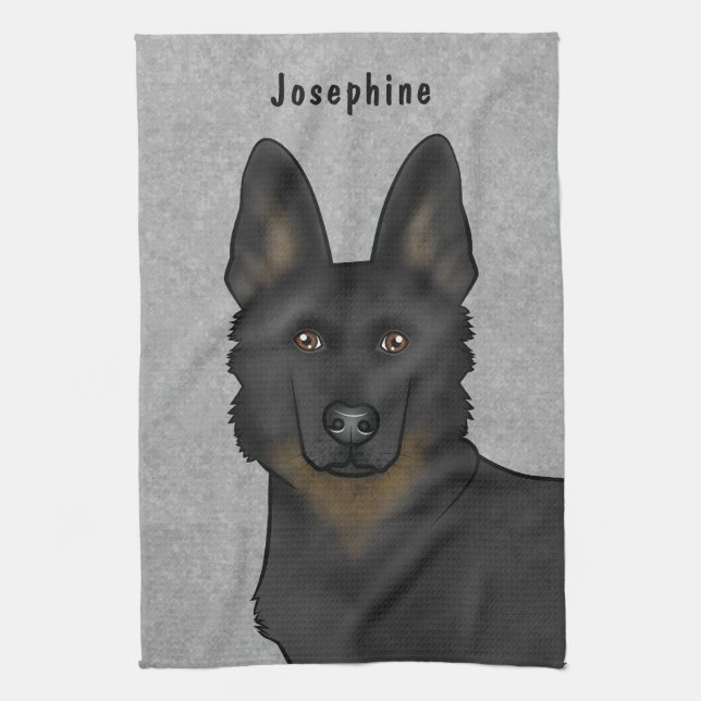 Bi-Black German Shepherd Hund Head and Namn Grått Kökshandduk (Vertikal)