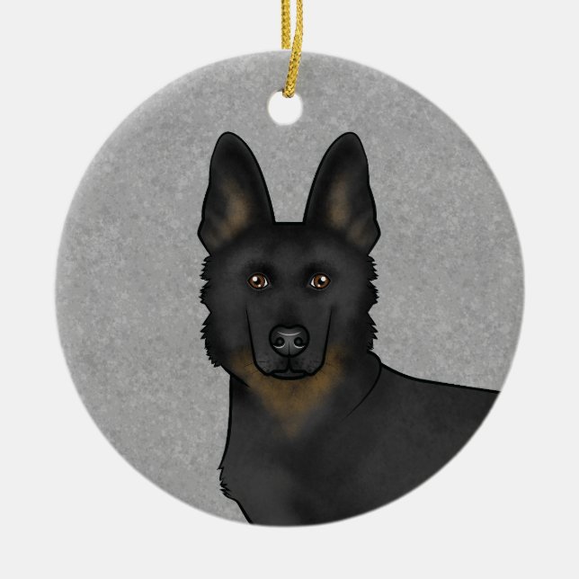 Bi-Black German Shepherd Tecknad hund Head Grått Julgransprydnad Keramik (Framsidan)