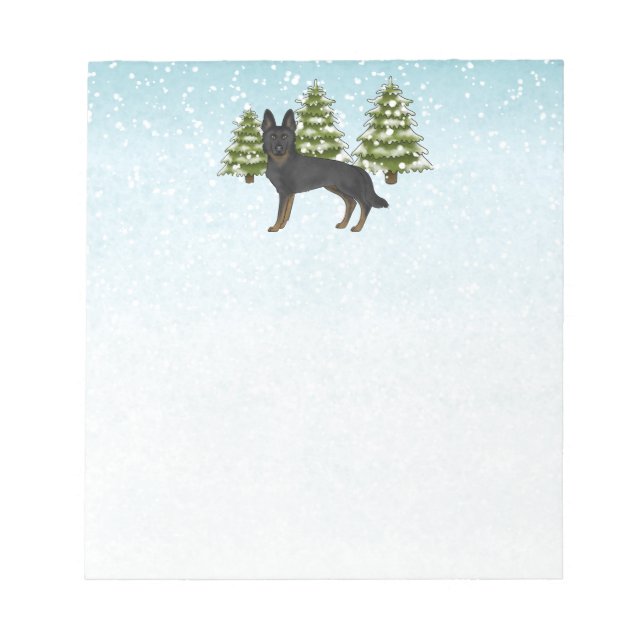 Bi-Black German Shepherd Winter Forest Blue Grönt Anteckningsblock (Framsida)